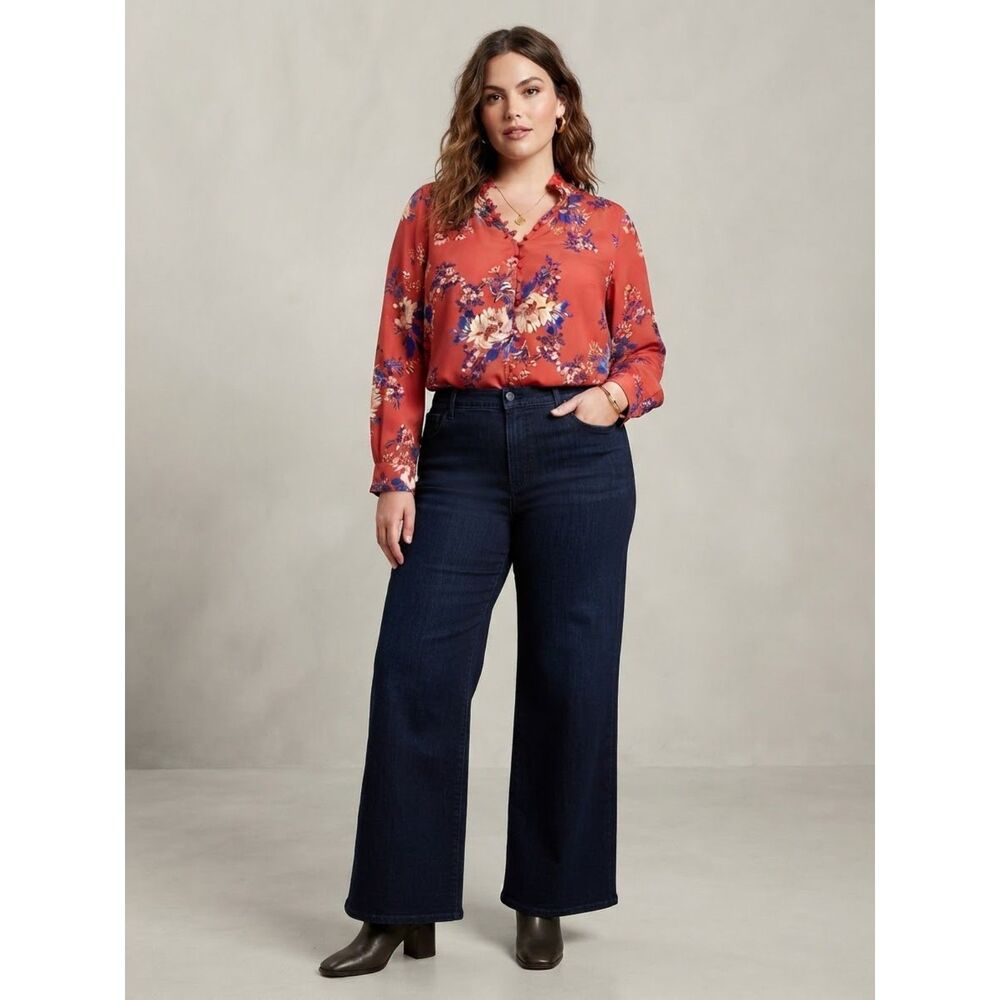 Express Portofino Floral Ruffle Neck Long Sleeve Button Down Blouse Red XL